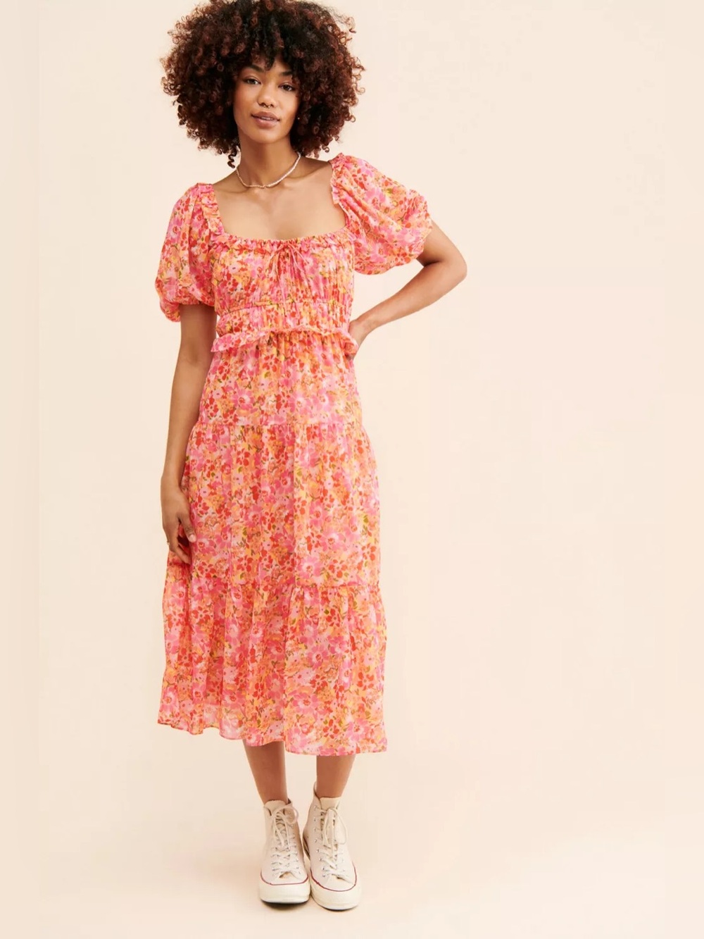 NSR Pink Floral Puff Sleeve Midi Dress Small